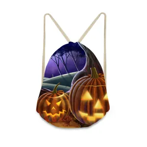Halloween cartoon geprint polyester dubbel drawstring rugzak, outdoor opbergtas zak detail.