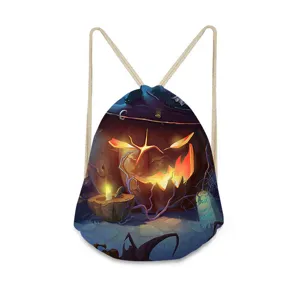 Halloween pompoen print trekkoord rugzak detail weergave, polyester griezelige tas.