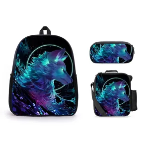 Set de mochila escolar de 3 piezas para estudiantes, gran bolso con diseño de lobo brillante.