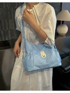 Borsa a tracolla blu a pois chic con ricamo di coniglio, borsa casual per il lavoro quotidiano.
