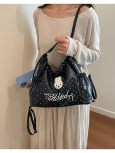 Borsa a tracolla nera a pois con ricamo di coniglio carino e design elegante per le donne.