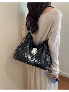 Borsa a tracolla nera con pois da donna dotata di toppa con coniglio carino e ricamo elegante.
