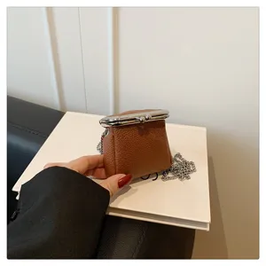 Mini brown leather kiss-lock coin purse detail shot, chic chain handbag for women daily use.