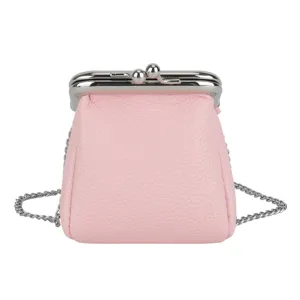 Pink mini kiss lock coin purse with silver chain stylish vintage leather pouch for women.