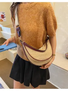 Sac bandoulière en paille d'été pour femme, sac croissant sous les bras avec bordure PU.