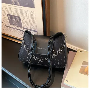 Borsa a tracolla nera alla moda con stampa stelle e catena, elegante borsa retro da donna.