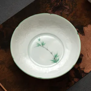 Handbemalter Grüner Bambus Keramik Teekannenhalter Sonnenblumen Mund Teematte Chinesischer Stil Dekorativer Tablett