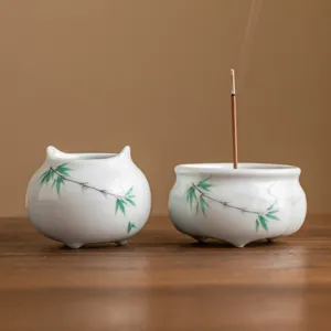 Set de quemador de incienso de cerámica pintado a mano, diseño de bambú verde para decoración.