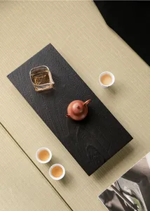 Japanese Wabi-Sabi Walnut Charcoal Wood Rectangular Tea Tray Set for Home Tea Ceremony Display