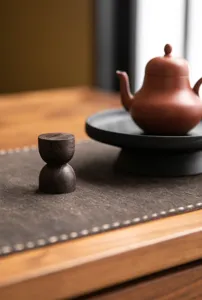 Dettaglio di un elegante poggiacoperchio per teiera in legno di sandalo, stile wabi-sabi.