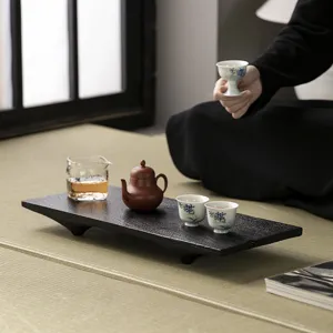 Japanese Wabi-sabi style walnut wood charcoal burned rectangular tea tray set for home.