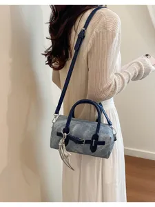 Grey Boston Crossbody Bag PU Leather Shoulder Handbag with Dark Blue Straps for Women