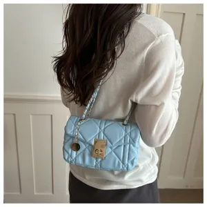 Women light blue quilted chain shoulder bag fashion casual crossbody small square bag