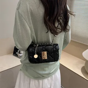 Women black quilted chain shoulder bag, stylish crossbody bag worn on back, main view.