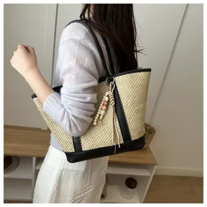 Vrouwen Zomer Stro Geweven Tote Tas Zwarte Lederen Afwerking Casual Strand Schouder Tas