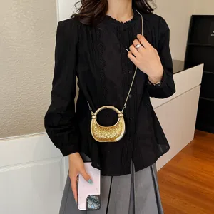 Mini metallic round handle shoulder chain evening bag, trendy compact luxury fashion purse for women.