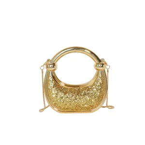 Gold Glitter Acrylic Evening Bag with Ring Handle Crossbody Chain Purse for Women