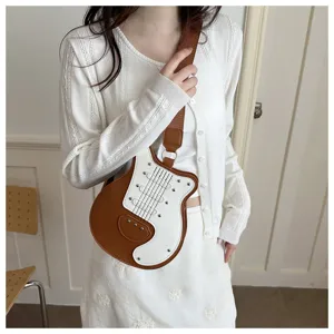 Guitar shaped crossbody bag for women, cute color-blocked PU leather shoulder bag with rivets.