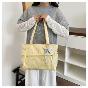 Borsa shopper in tela gialla con motivo a stelle, grande borsa a spalla quotidiana.