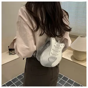 Creative guitar shape shoulder bag, unique silver gradient crossbody bag for daily outings.