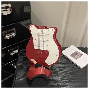 Creative guitar shaped women shoulder bag, stylish color block crossbody handbag with rivets.