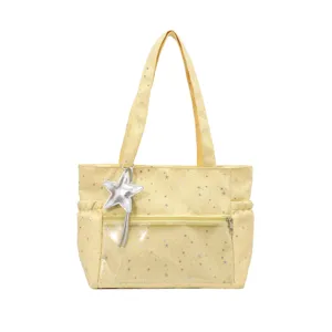Borsa tote in tela gialla con stampa di stelle argentate, borsa a spalla casual da donna.