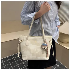 Lässiger Canvas Eimer Umhängetasche stilvolle geometrische Tote Tasche mit süßem Bären