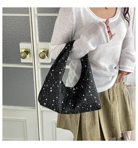 Maύρη τσάντα hobo με σχέδιο αστέρια casual τσάντα ώμου chic tote για γυναίκες καθημερινά