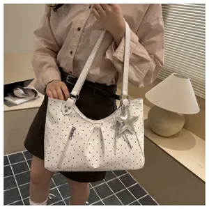 Korean style polka dot tote bag for women, casual PU leather shoulder bag with star charm.