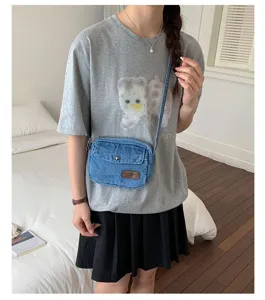 Κορεατική vintage τσάντα χιαστί από denim για γυναίκες, κομψή μικρή τσάντα τηλεφώνου με καπάκι.