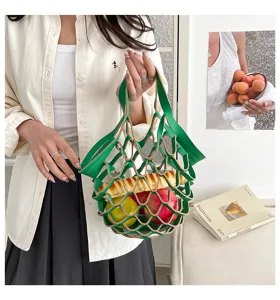 Green leather mesh tote bag, niche design casual lightweight minimalist fashion handbag.
