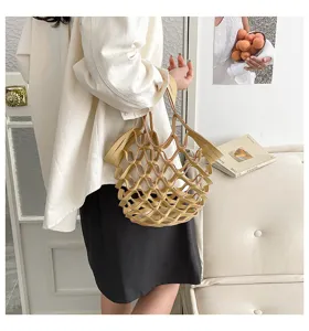 Chic leather mesh tote bag for women, lightweight minimalist casual handbag in light yellow.