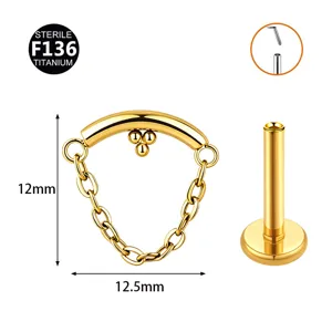 Detailansicht von F136 Titan Piercing Schmuck mit Kettengänger und Labret Stecker.