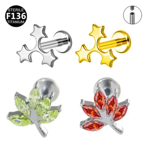 F136 Titanium Body Piercing Jewelry Star Cluster and Leaf Zircon Labret Stud Earring