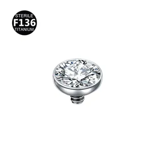 Titanium dermal anchor top with clear crystal gem, 1.2mm threaded microdermal piercing jewelry.