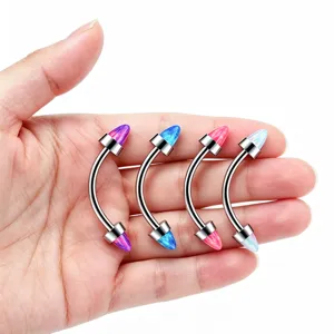 Titanium curved barbell piercing jewelry close-up, featuring colorful opal spikes.