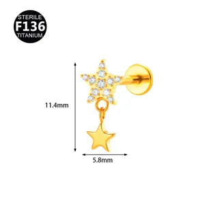 Titanium star labret piercing με κρεμαστό αστέρι και λαμπερά πέτρες ζιργκόν 11.4mm
