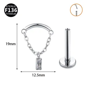 F136 Titan Körperpiercing Schmuck mit Kette Anhänger Labret Stecker in 19mm Größe neu