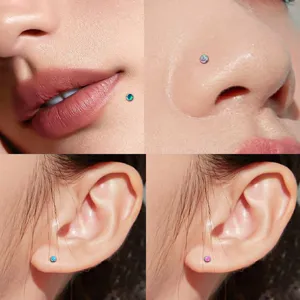Detalle de piercing de ópalo de titanio, labret plano, piercing de nariz y pendiente.