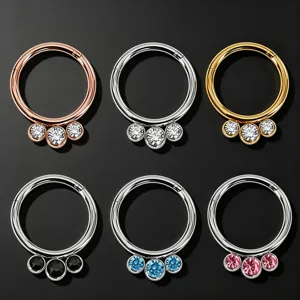 Stainless steel septum ring three crystal hinged clicker earrings piercing fashion jewelry