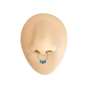 Stainless steel septum ring with three blue rhinestones stylish body piercing jewelry item