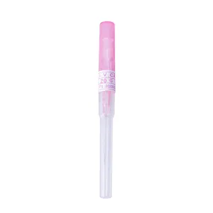Sterilized disposable body piercing needle with pink catheter tube, 20G medical grade tool.