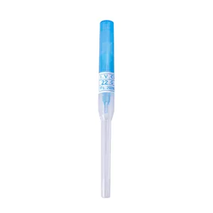Detail view of 22G sterile disposable catheter piercing needle tool with clear protective cover.