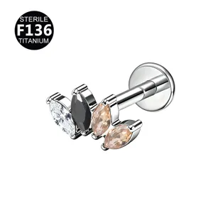 F136 Titanium marquise cubic zirconia labret stud piercing jewelry close up detail