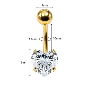 Piercing ombelico cuore in acciaio inossidabile dorato con zircone cubico 5A lucido