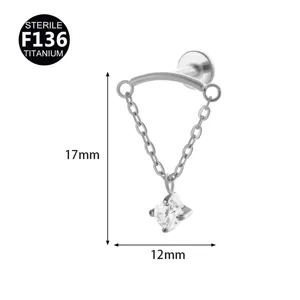 F136 Titan Piercing Labret Stecker mit Kettenglied Anhänger und Zirkonia Stein, 17x12mm.