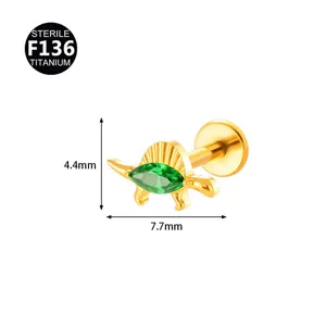 F136 Titanium Dinosaur Labret Stud with Green Zircon Body Piercing Jewelry 7.7x4.4mm