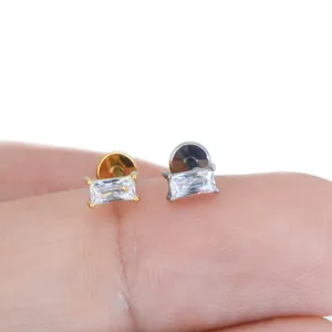 Titanium rectangular cubic zirconia piercing stud detail, miniature body jewelry close-up view.