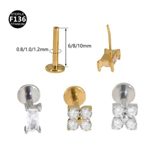 Titanium labret stud cartilage earring featuring sparkling CZ crystal design for body piercing.