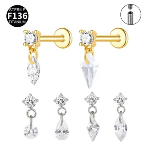 F136 titanium cubic zirconia body piercing labret stud and cartilage earring charm set.